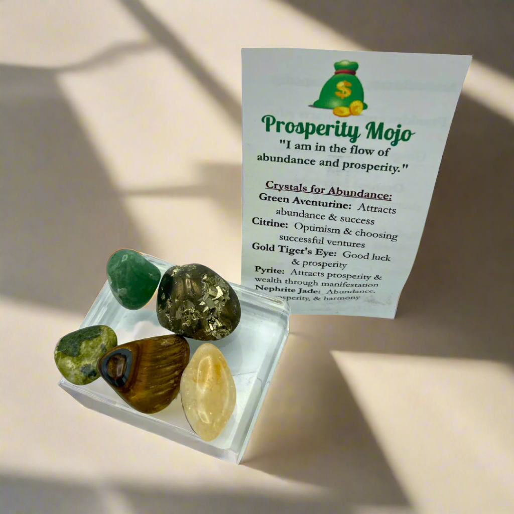 A selection of polished crystals including Green Aventurine, Citrine, Gold Tiger’s Eye, Pyrite, and Nephrite Jade, arranged in a clear box with a card labeled 'Prosperity Crystal Mojo Bag'.