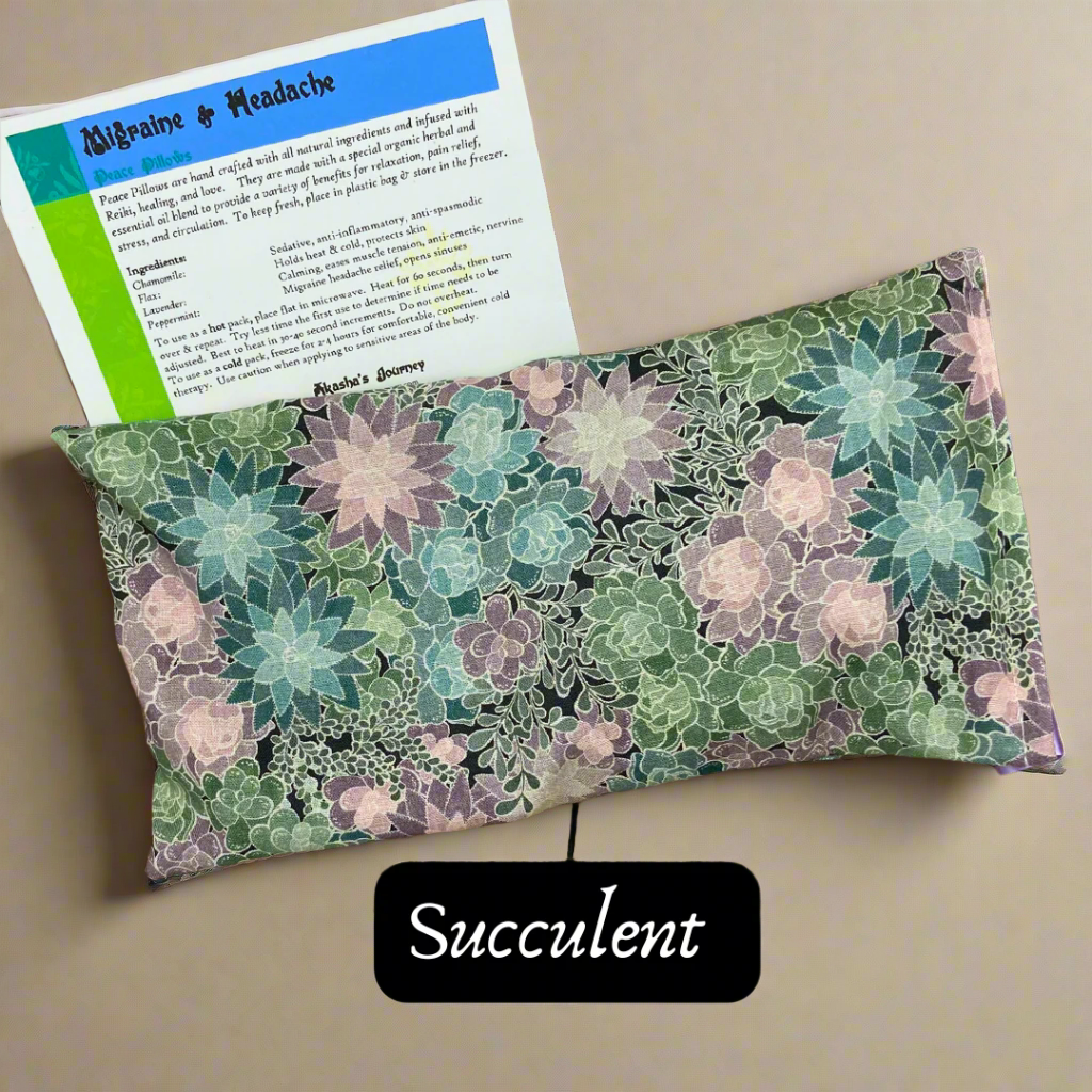 Succulent Design Peace Packs with labels showing the contents and usage instructions. The packs are filled with organic herbs and seeds, and are designed for soothing and healing purposes.