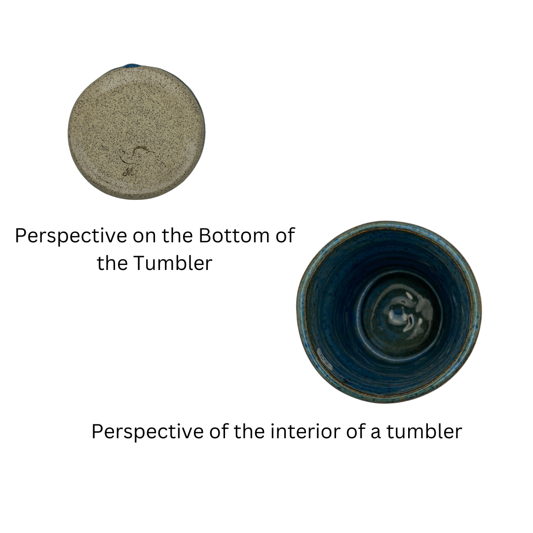 Top & bottom view of A blue ceramic tumbler/vase with a sunflower design on a white background.