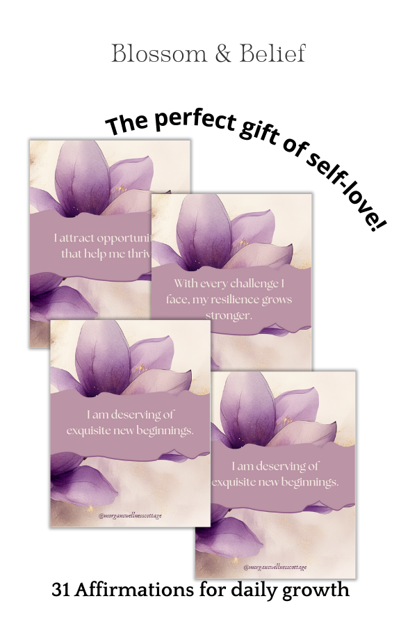 A promotional image featuring a set of cards with floral designs and text, titled 'Blossom & Belief: 31 Empowering Affirmations for Daily Growth'.