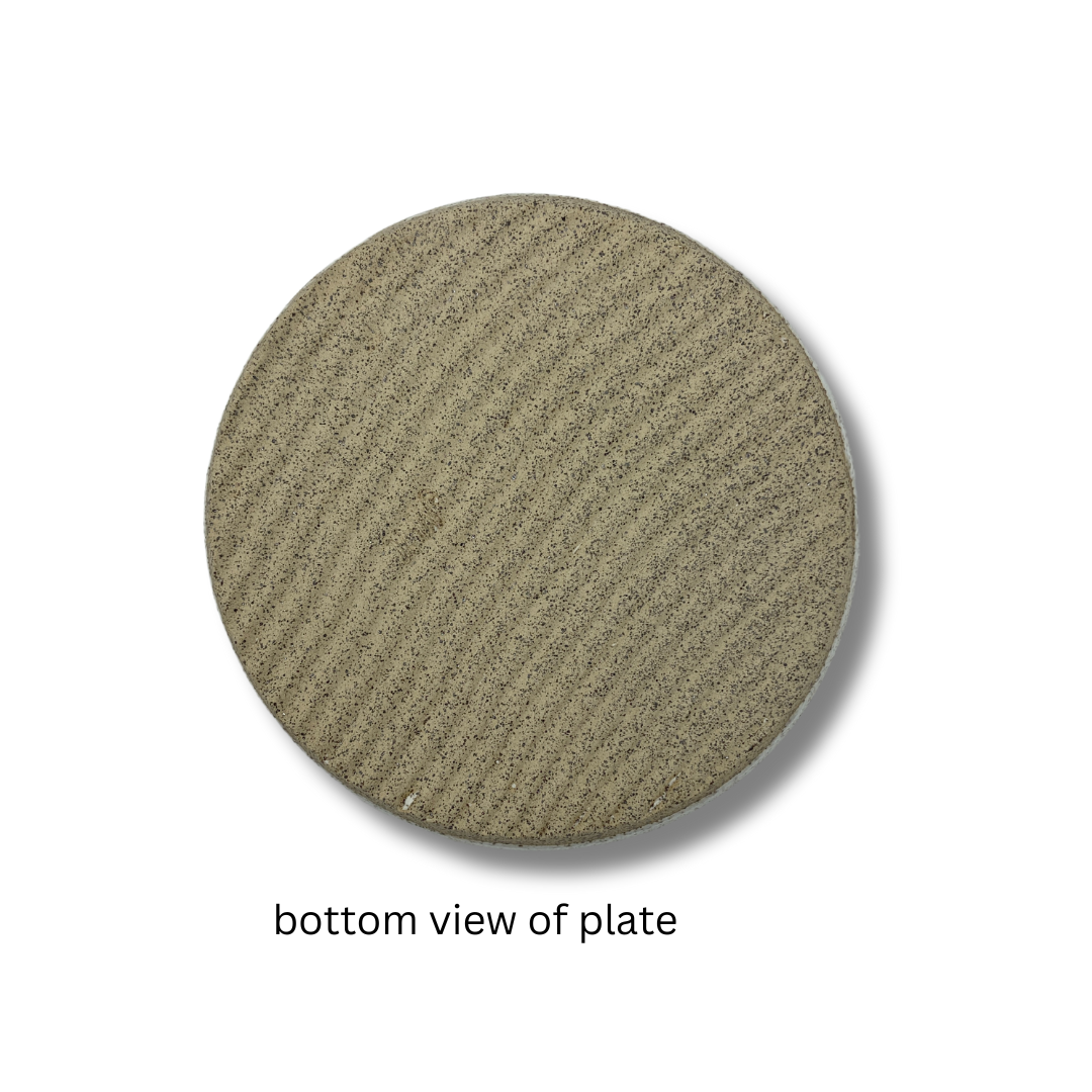 Bottom view of A beige ceramic plate with a red rose design in the center on a white background