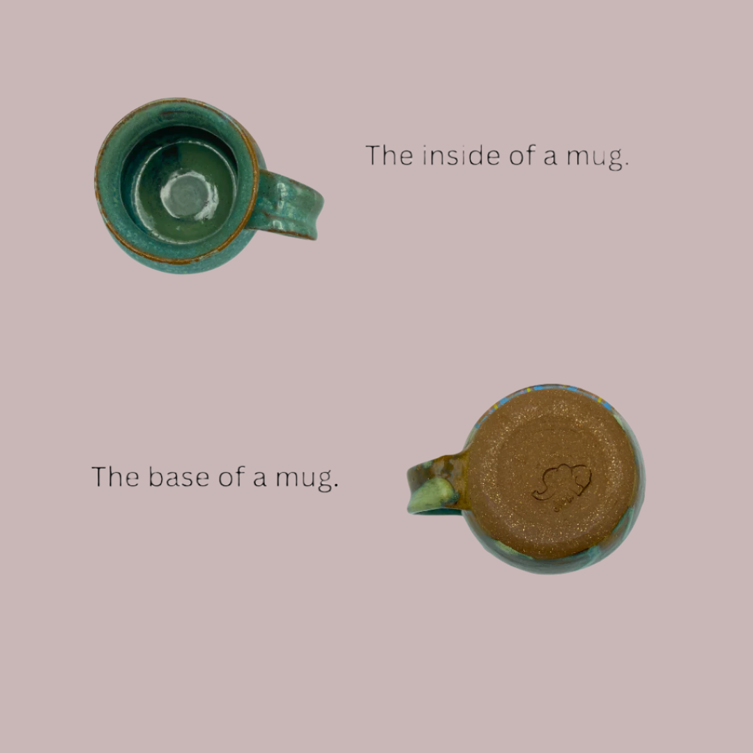 Top and bottom view A handcrafted ceramic mug with a single tree design in green and brown colors, displayed on a neutral background.