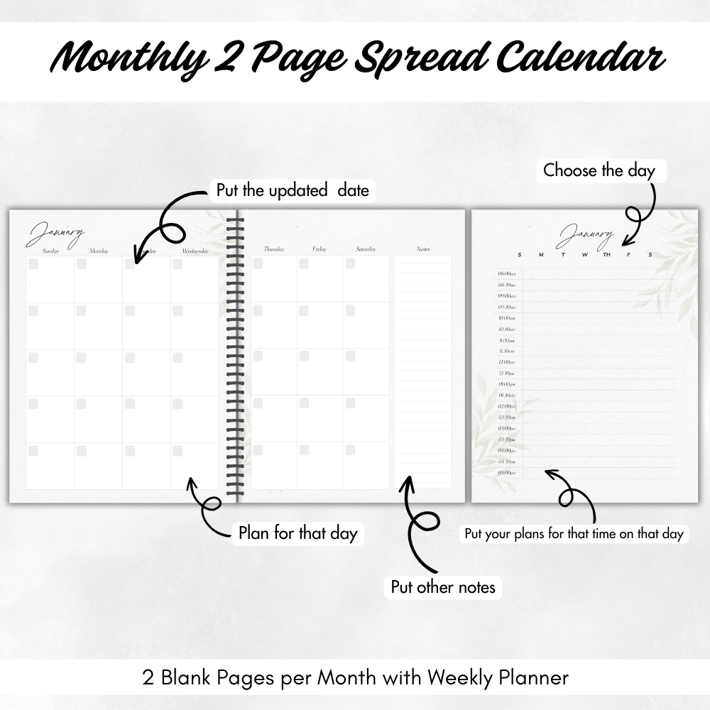 A promotional image featuring a minimalist black and white wedding planner binder and its contents indicating monthly 2 page spead calendar.