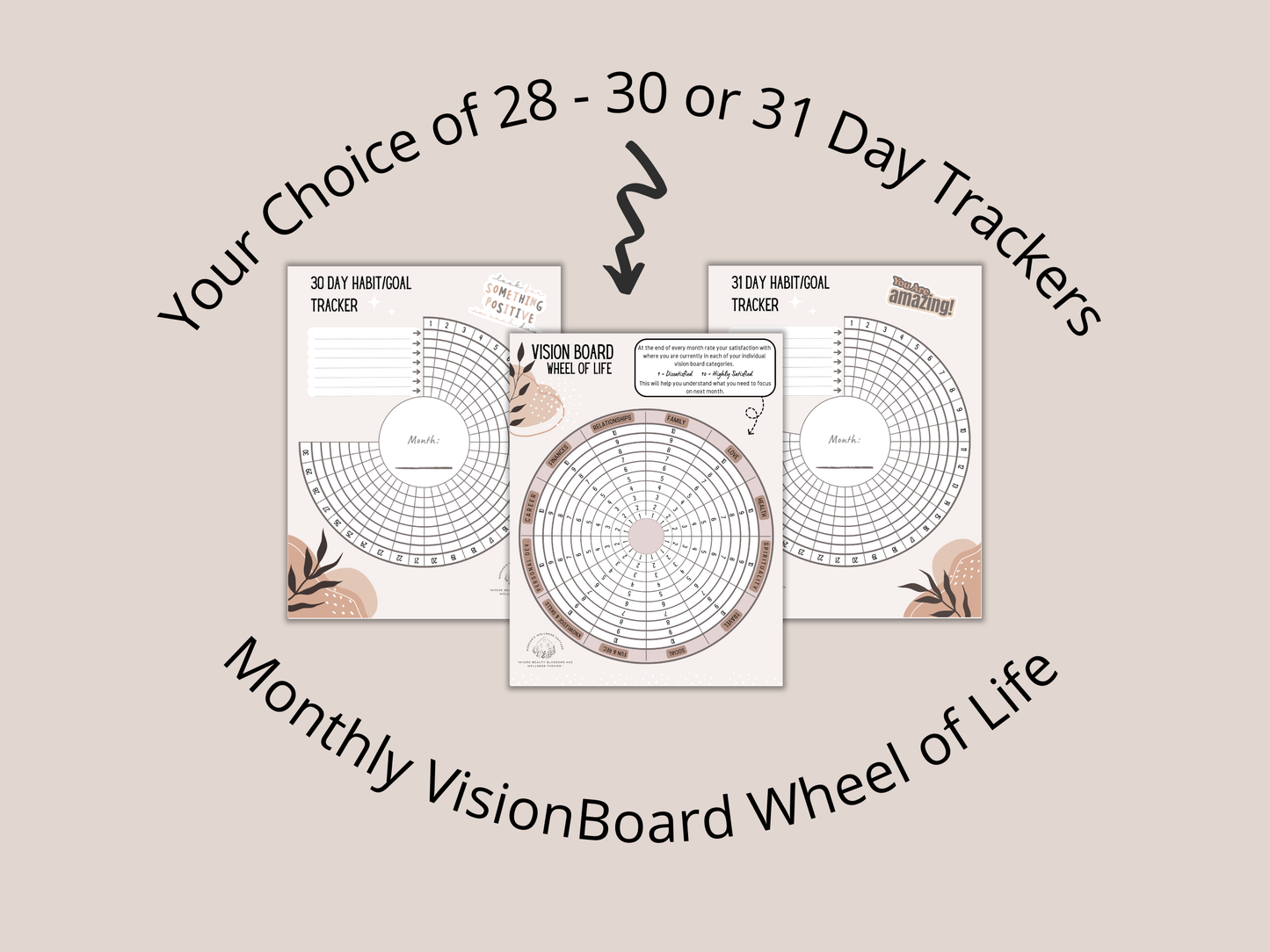 A visual planner titled 28 - 30 or '31 Day Habit/Goal Tracker' with a circular layout, numbers representing days of the month, and sections for tracking habits or goals. The design features a minimalist black and white layout