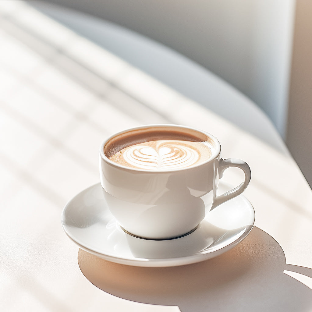 A cup of coffee with a decorative heart pattern on the foam, served on a white plate on top of a marble surface.