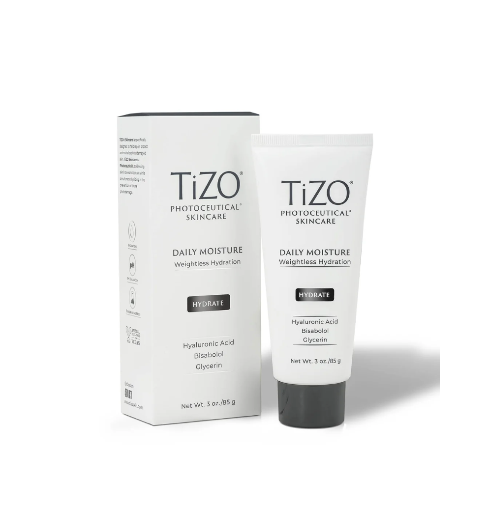 The box and tube of TIZO Daily Moisture skincare product on a white background