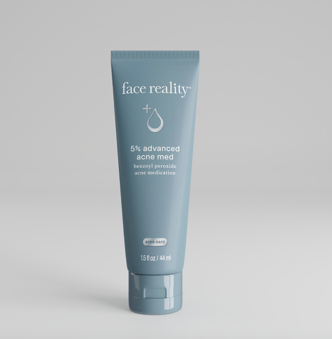 A tube of Face Reality 5% Advanced Acne Med, which is a benzoyl peroxide acne treatment.