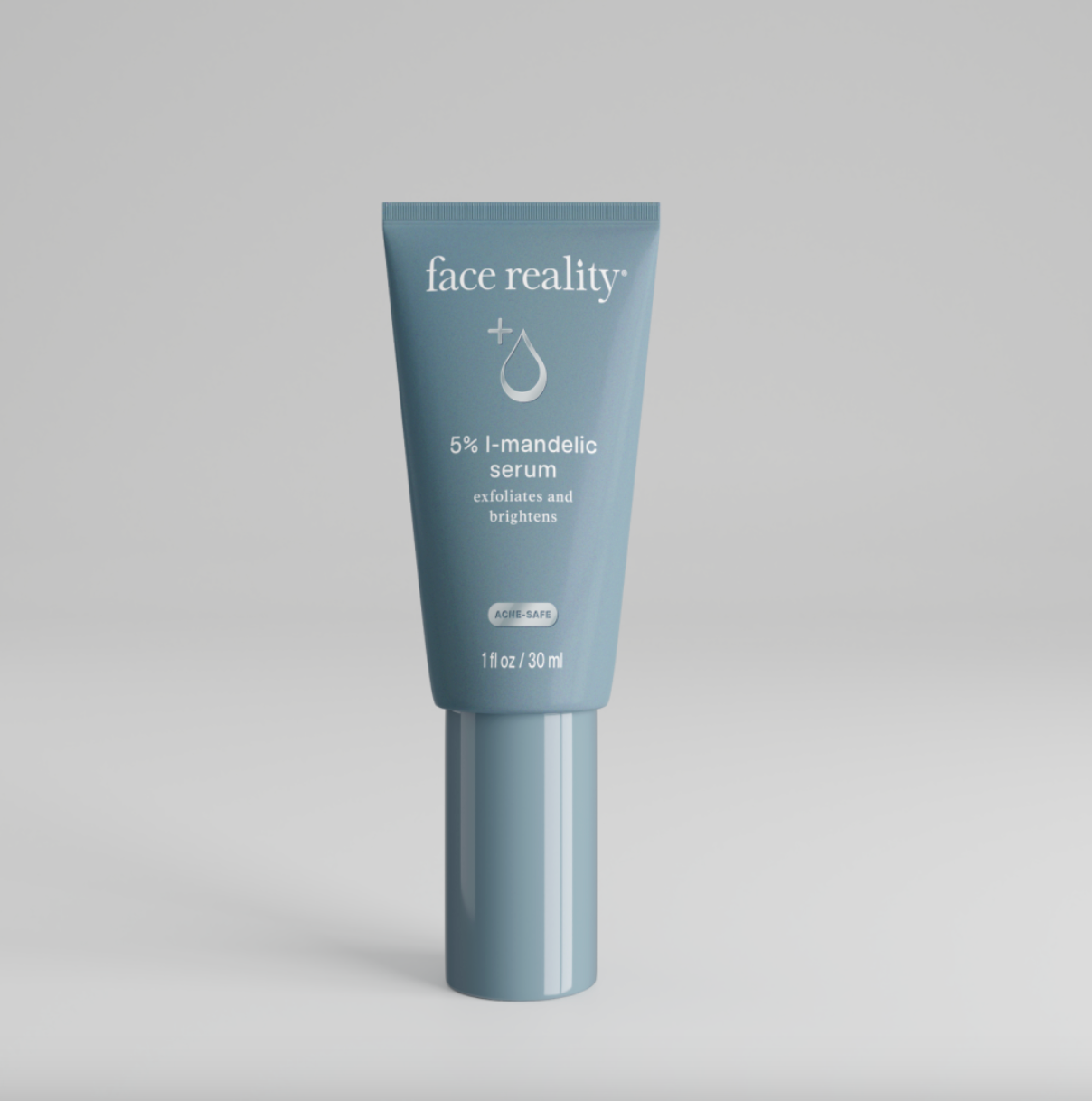 A blue tube of Face Reality 5% L-Mandelic Serum against a white background.