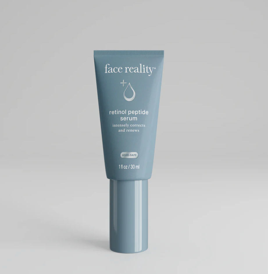 A tube of Face Reality retinol peptide serum against a neutral background.