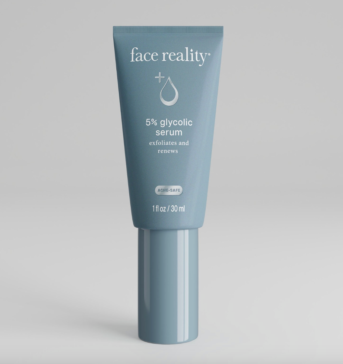 A tube of Face Reality 5% Glycolic Serum against a neutral background.
