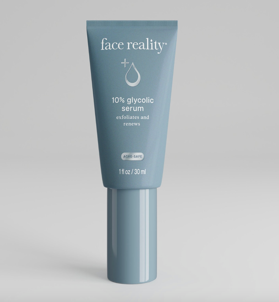 A tube of Face Reality 10% glycolic serum designed for skincare.