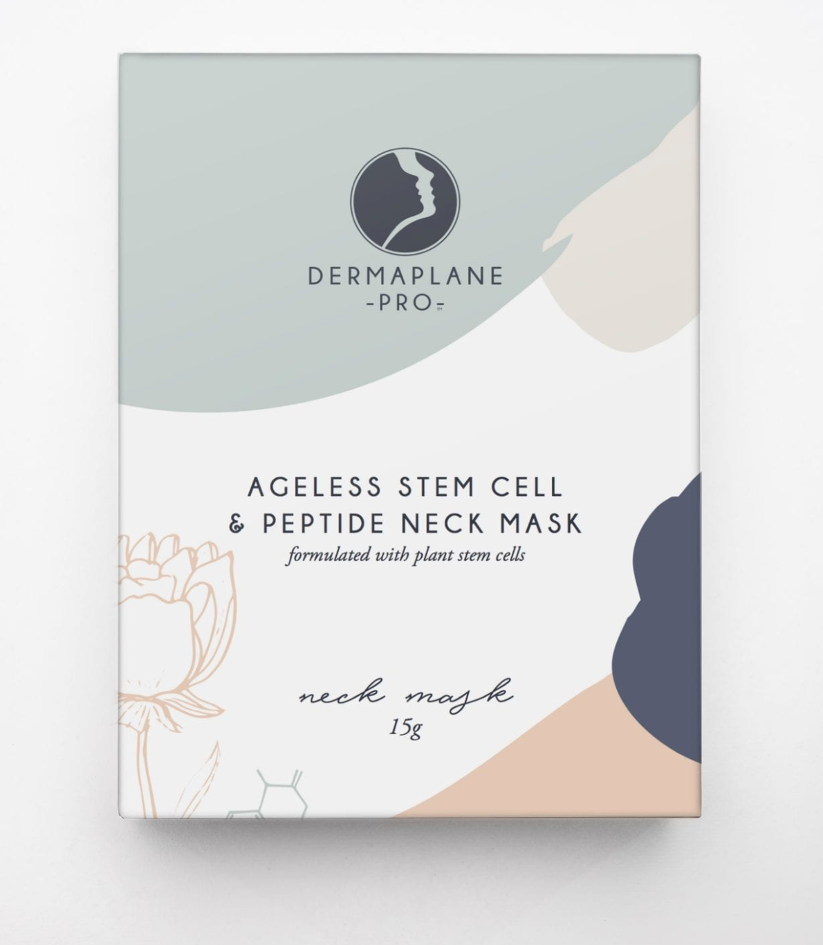 A packaged DermaplanePro Ageless Stem Cell & Peptide Neck Mask product box with illustrations and branding visible.