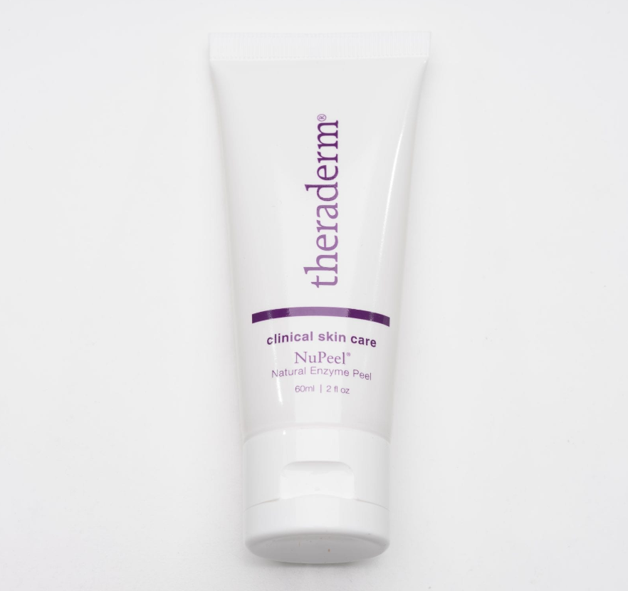 A tube of 'NuPeel Natural Enzyme Peel' by theraderm, designed for skin exfoliation.