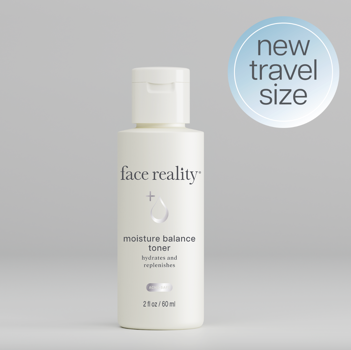 A bottle of Face Reality Moisture Balance Toner placed on a marble surface with a plant in the background.