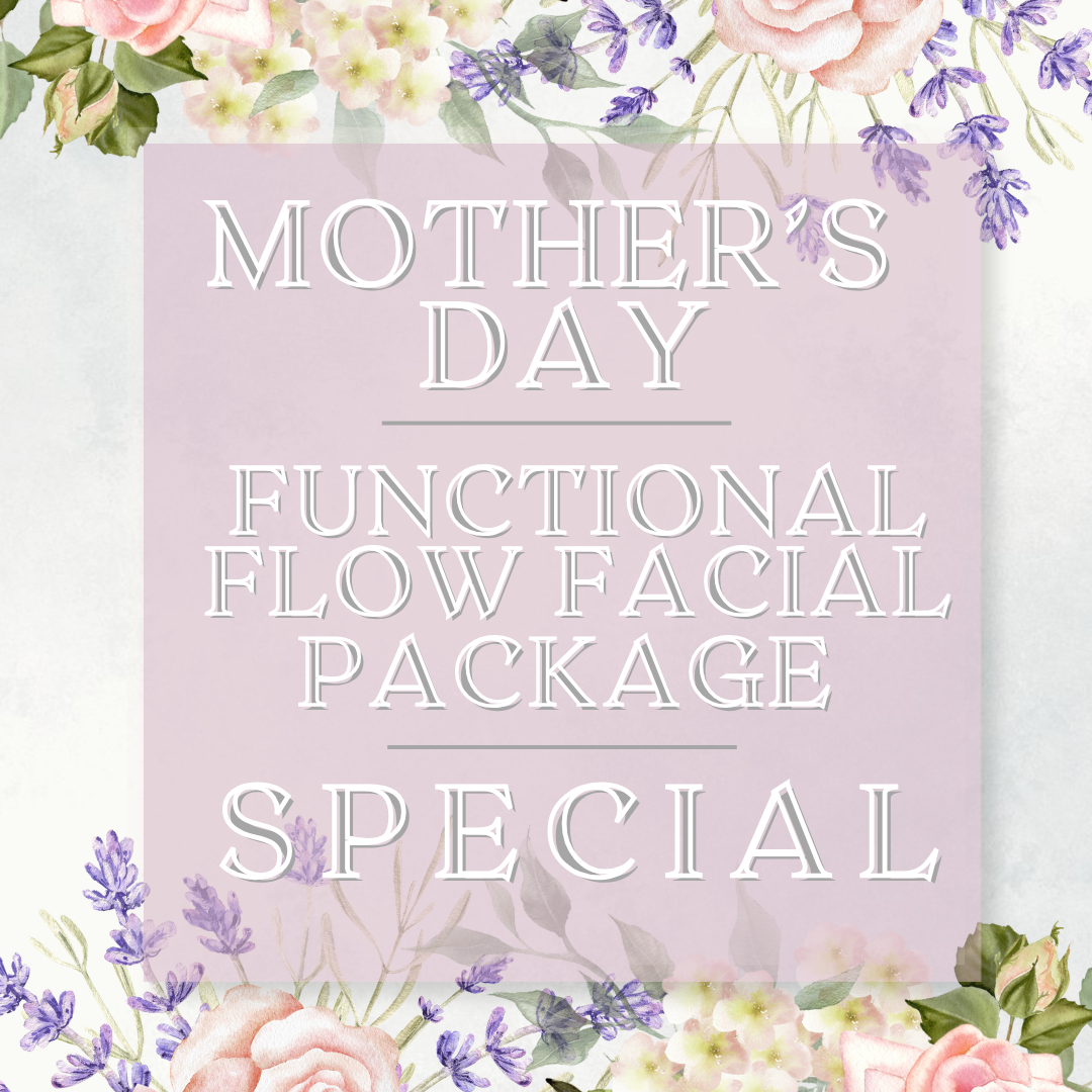Promotional text for a 'Mother's Day Functional Flow Facial Package Special' with floral decorations on a light purple background.
