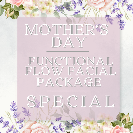 Promotional text for a 'Mother's Day Functional Flow Facial Package Special' with floral decorations on a light purple background.