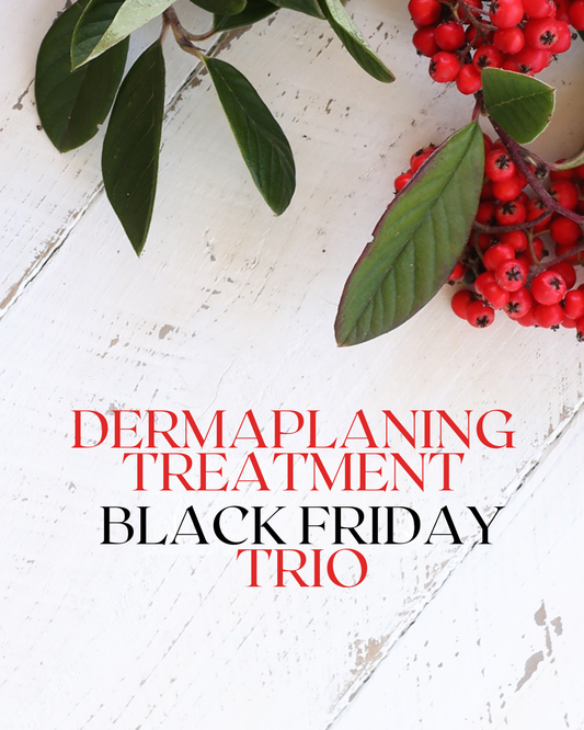 Advertisement for dermaplaning treatment Black Friday trio with red berries and green leaves on a white background.