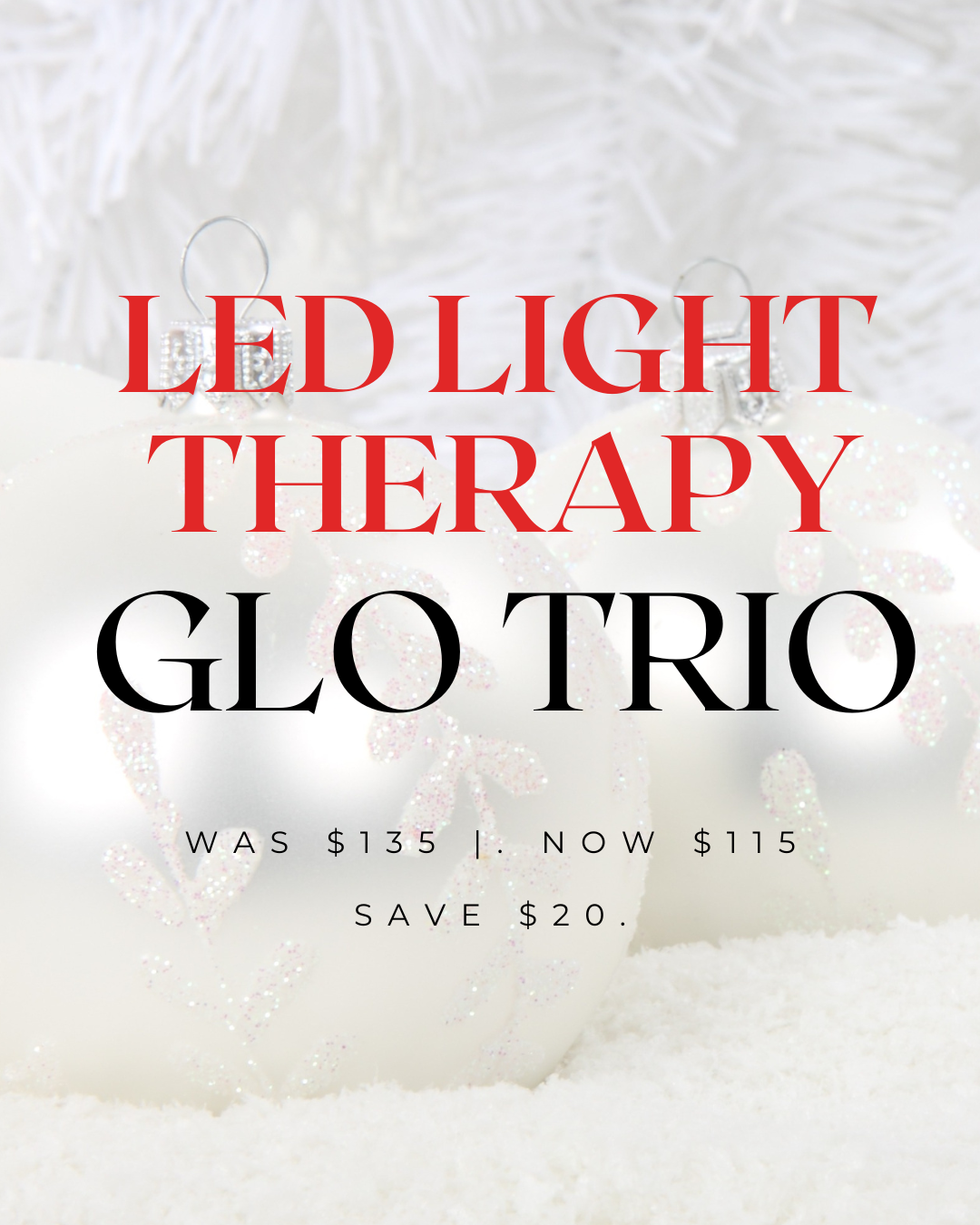 Advertisement for LED Light Therapy Glo Trio with price reduction text on a white background.