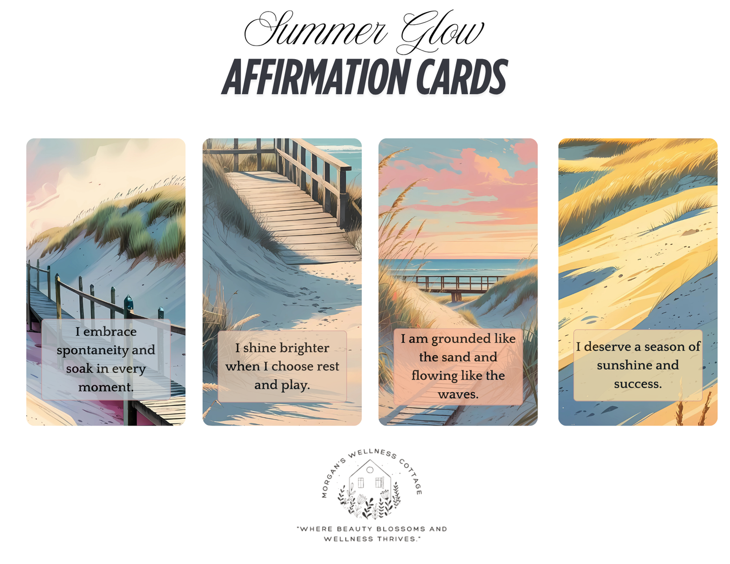 Set of four 'Summer Glow' affirmation cards with beach-themed illustrations and text.