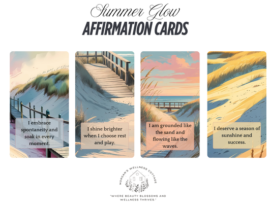 Set of four 'Summer Glow' affirmation cards with beach-themed illustrations and text.