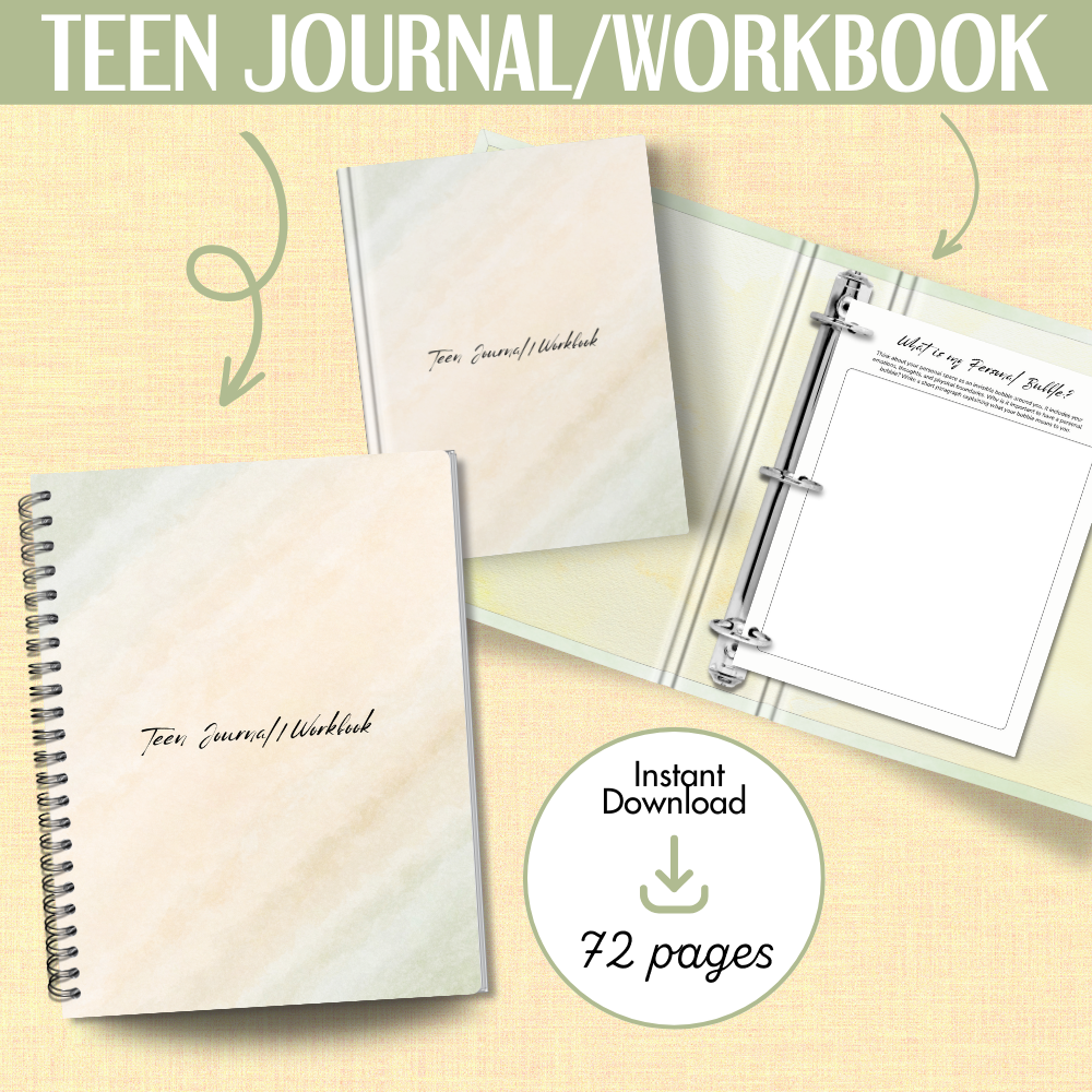 Promotional image for a Teen Journal/Workbook titled 'Teen Journal/Workbook', with 72 pages, designed for instant download. The image shows a spiral-bound notebook with white cover, and a preview of a page with text and exercises.