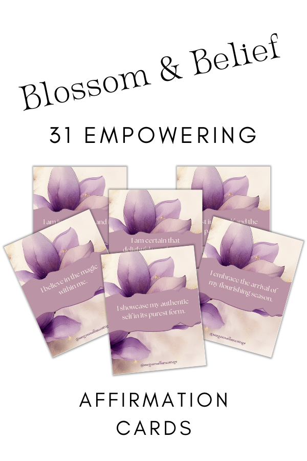 A promotional image featuring a set of cards with floral designs and text, titled 'Blossom & Belief: 31 Empowering Affirmations for Daily Growth'.