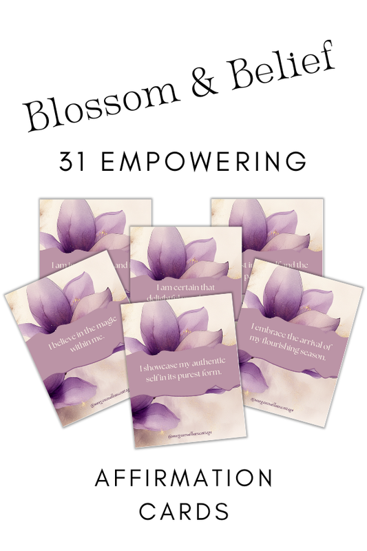 A promotional image featuring a set of cards with floral designs and text, titled 'Blossom & Belief: 31 Empowering Affirmations for Daily Growth'.