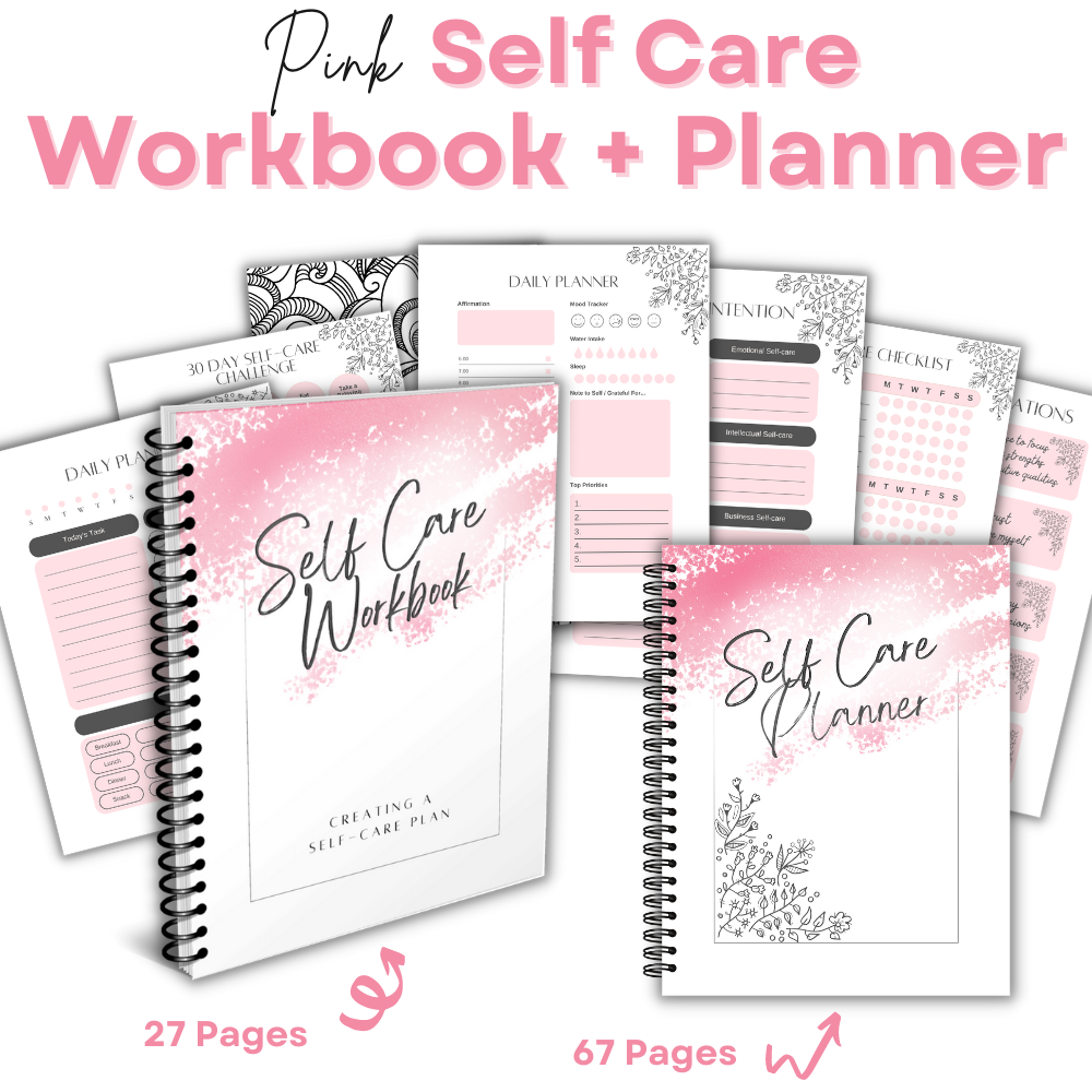 A collection of spiral-bound self-care planners and workbooks in pink with floral patterns, displaying various pages such as a daily plan, weekly plan, and reflection sections.
