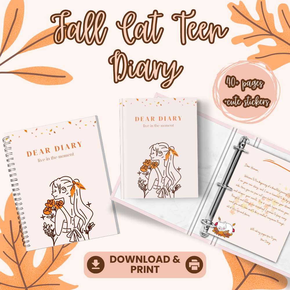 Fall-themed diary with illustrations and text on a white background with orange leaves.