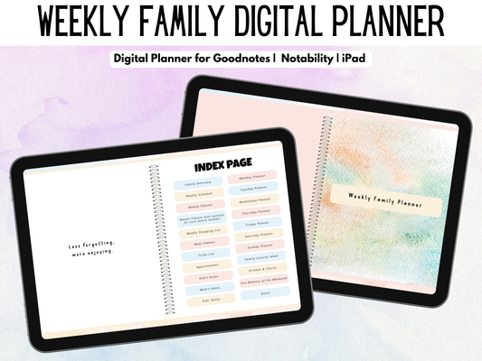 Promotional image showcasing a digital planner titled 'Weekly Family Digital Planner'. Displayed are pages of the planner with hyperlinks, index page, and weekly family planner, indicating organization for family life using digital tools like Goodnotes and Notability.