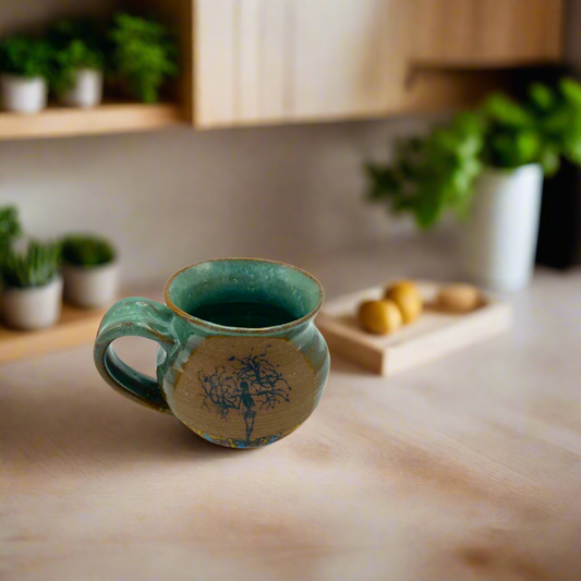 Plaid Roots Mug – Single Tree Design in Green & Brown Clay