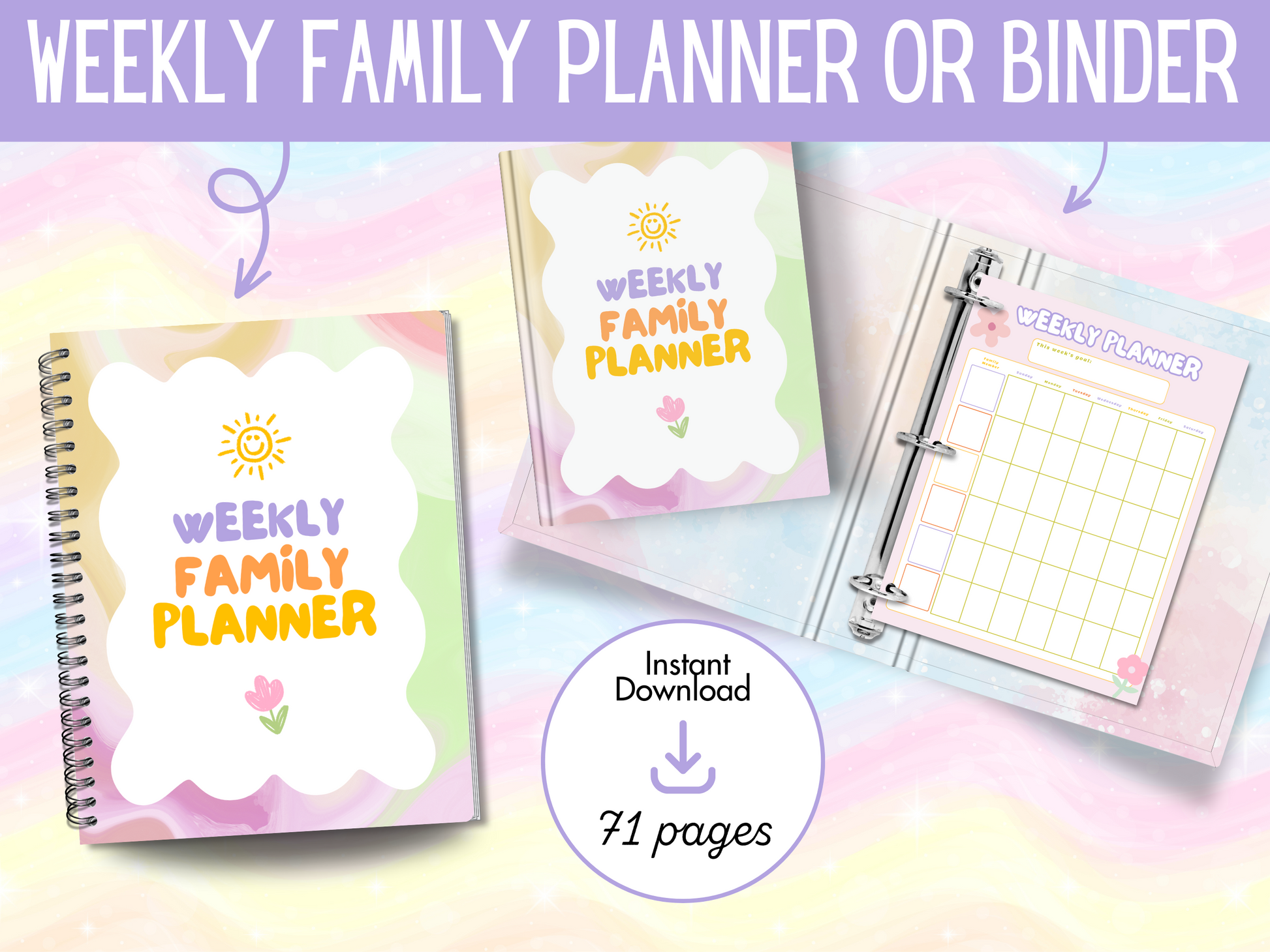 Promotional image for a Weekly Family Planner or Binder, indicating it's an instant download with 71 pages, featuring a colorful design with floral elements and text.