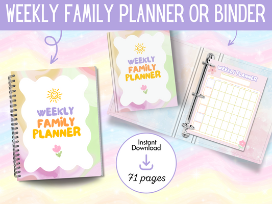 Promotional image for a Weekly Family Planner or Binder, indicating it's an instant download with 71 pages, featuring a colorful design with floral elements and text.