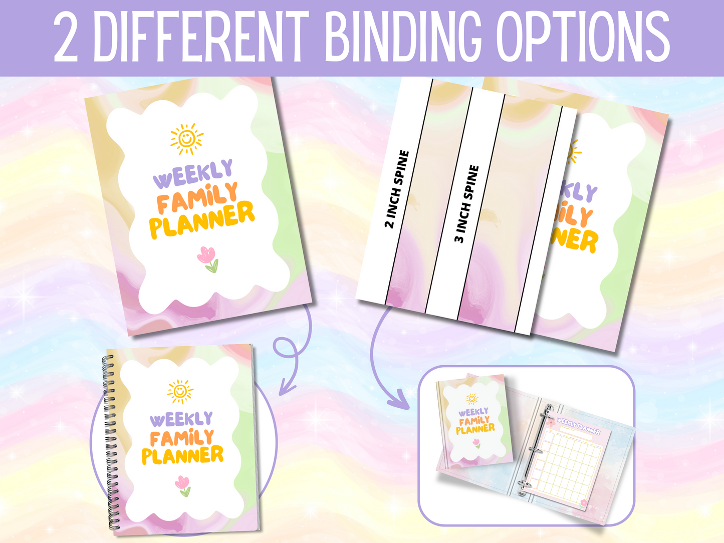 Promotional image for a Weekly Family Planner or Binder, indicating it's an instant download with 71 pages, featuring a colorful design with floral elements and text.