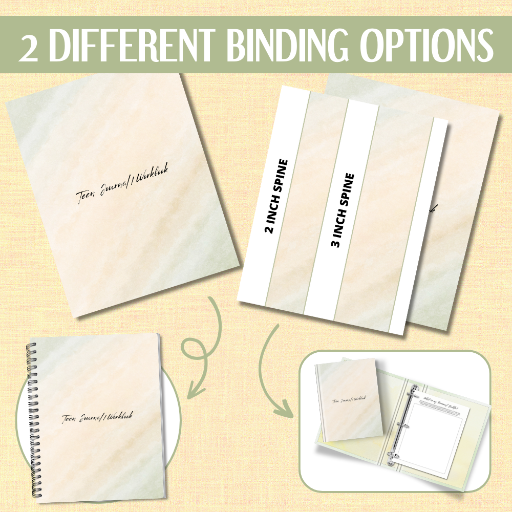 Promotional image for a Teen Journal/Workbook t. The image two different binding options  a spiral-bound notebook  a 2 " or 3 " notebook