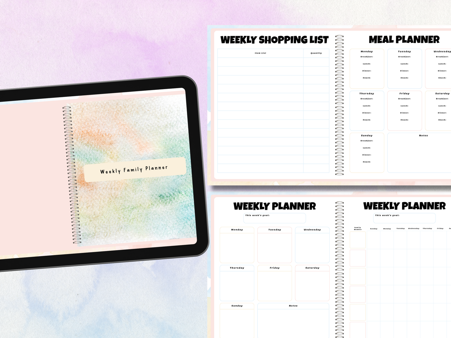 Promotional image showcasing a digital planner titled 'Weekly Family Digital Planner'. Displayed are pages of the planner with hyperlinks, index page, and weekly family planner, indicating organization for family life using digital tools like Goodnotes and Notability.