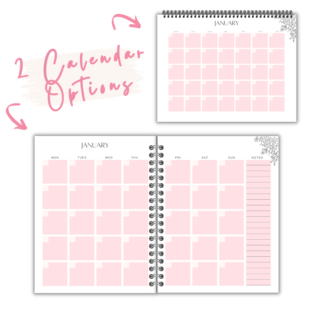 A collection of spiral-bound self-care planners and workbooks in pink with floral patterns, displaying various pages such as a daily plan, weekly plan, and reflection sections.