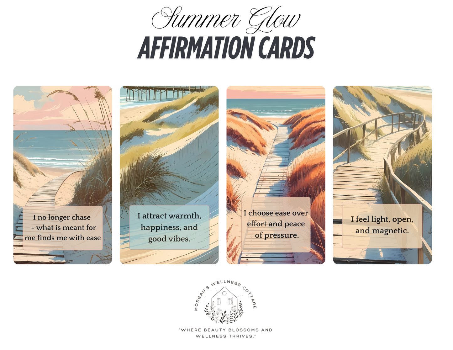 Set of four affirmation cards with beach-themed images and text.