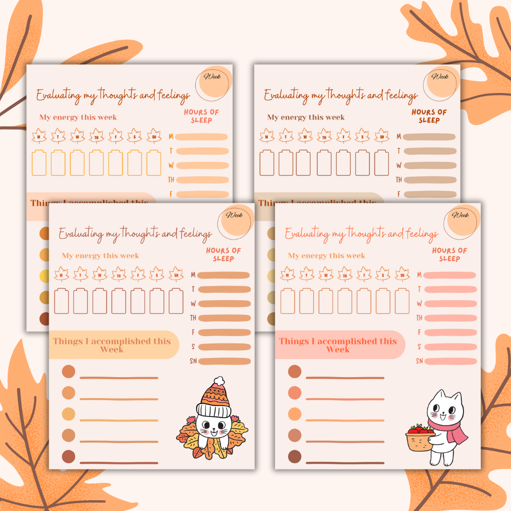 Set of four self-assessment sheets with autumn-themed graphics on a white background.