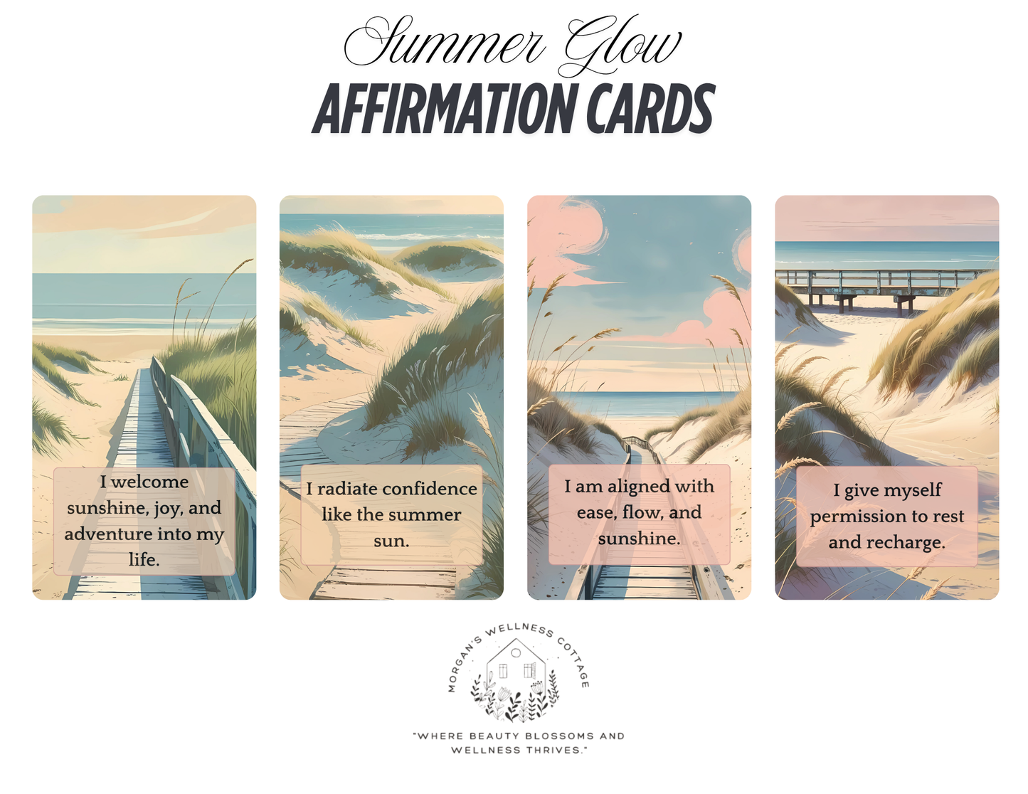 Set of four 'Summer Glow' affirmation cards with beach-themed illustrations and text.