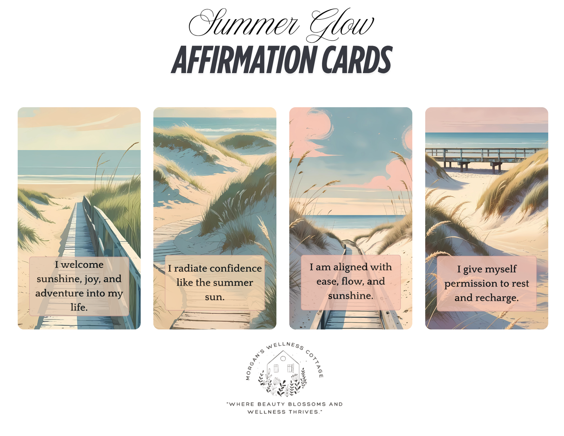 Set of four 'Summer Glow' affirmation cards with beach-themed illustrations and text.