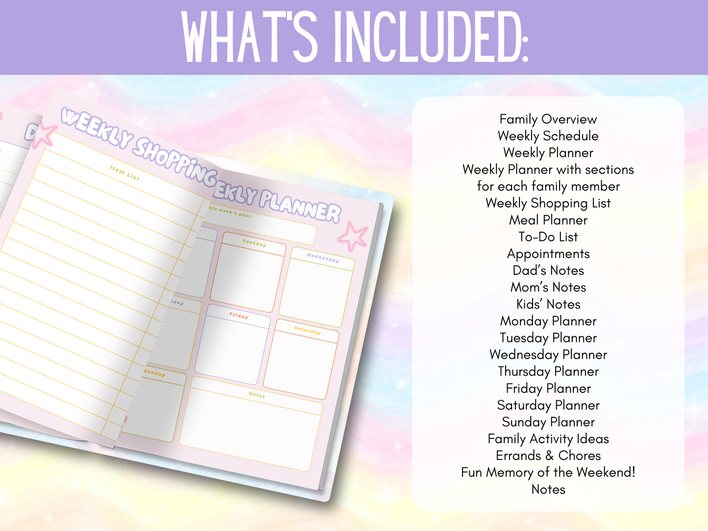 Promotional image for a Weekly Family Planner or Binder, indicating it's an instant download with 71 pages, featuring a colorful design with floral elements and text.