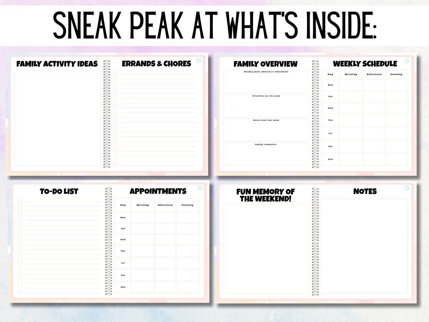 Promotional image showcasing a digital planner titled 'Weekly Family Digital Planner'. Displayed are pages of the planner with hyperlinks, index page, and weekly family planner, indicating organization for family life using digital tools like Goodnotes and Notability.
