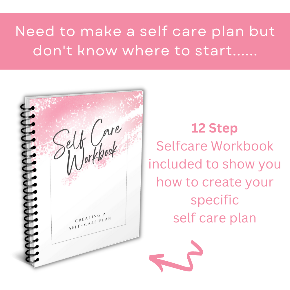 A collection of spiral-bound self-care planners and workbooks in pink with floral patterns, displaying various pages such as a daily plan, weekly plan, and reflection sections.