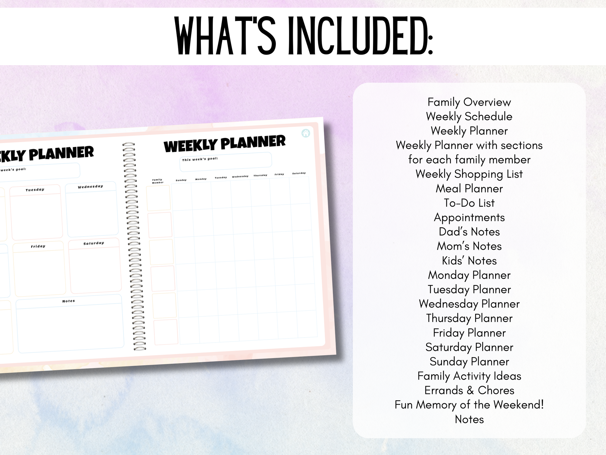 Promotional image showcasing a digital planner titled 'Weekly Family Digital Planner'. Displayed are pages of the planner with hyperlinks, index page, and weekly family planner, indicating organization for family life using digital tools like Goodnotes and Notability.
