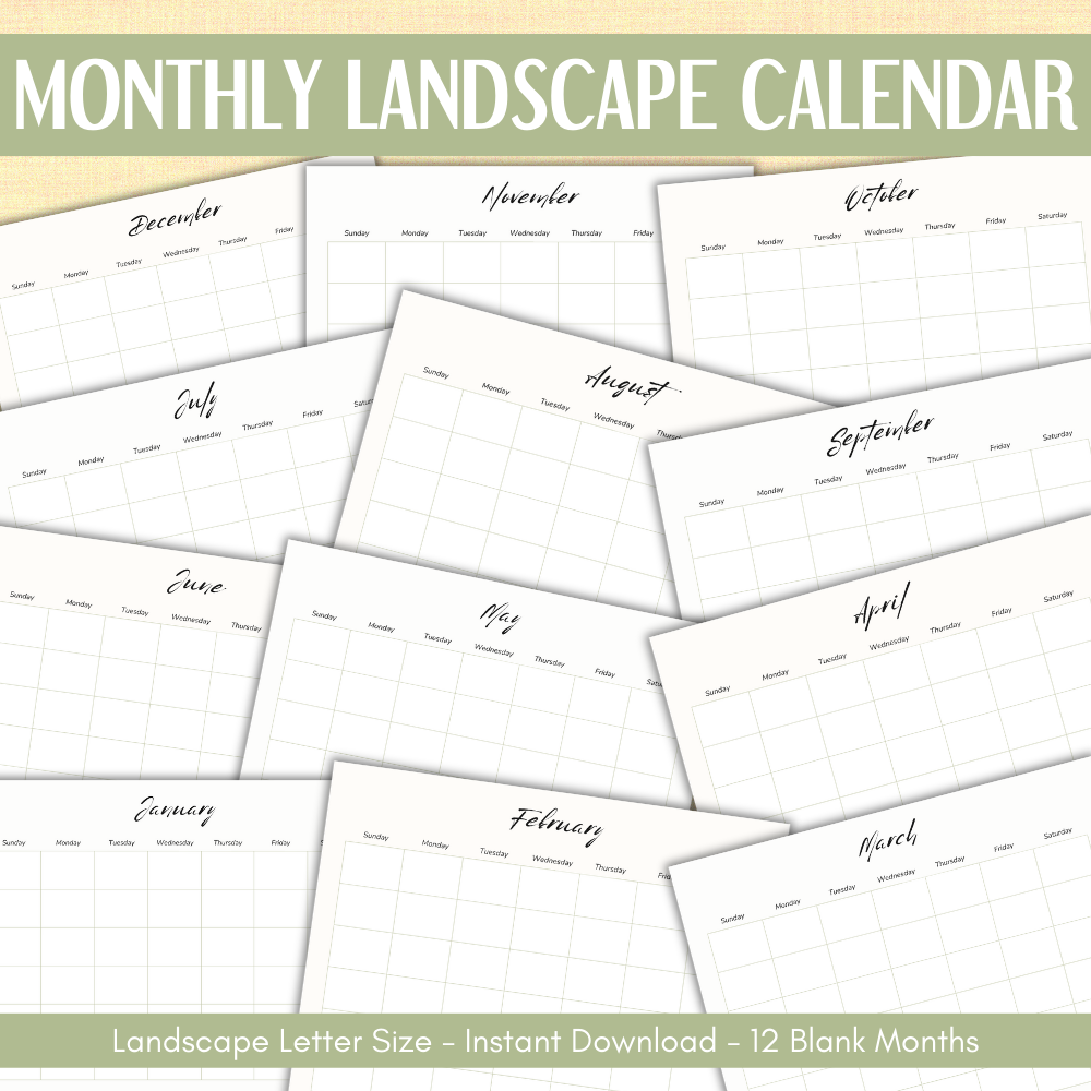 Promotional Image of Monthly Landscape Calendars 12 Blank months Landscape Letter size
