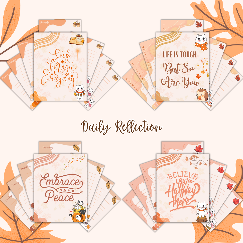 Set of motivational cards with inspirational quotes on a white background with autumn leaves.