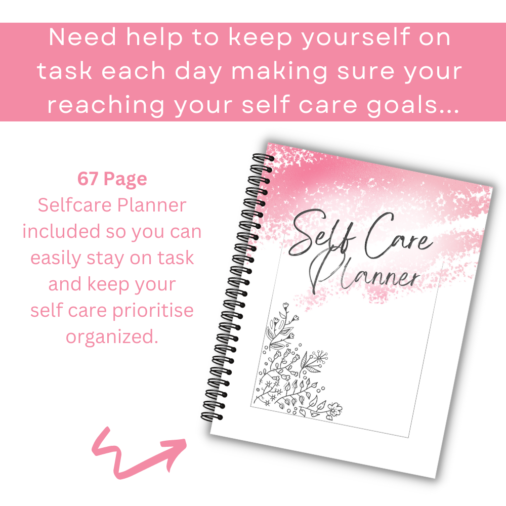 A collection of spiral-bound self-care planners and workbooks in pink with floral patterns, displaying various pages such as a daily plan, weekly plan, and reflection sections.