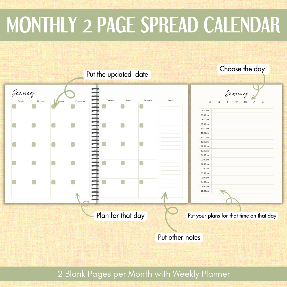 Promotional image of monthly 2-page spead calendar - 2 blank pages per month with weekly planner.