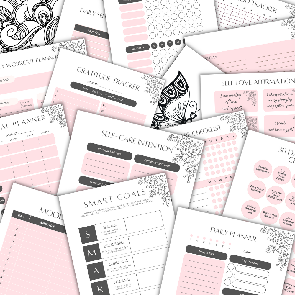 A collection of spiral-bound self-care planners and workbooks in pink with floral patterns, displaying various pages such as a daily plan, weekly plan, and reflection sections.